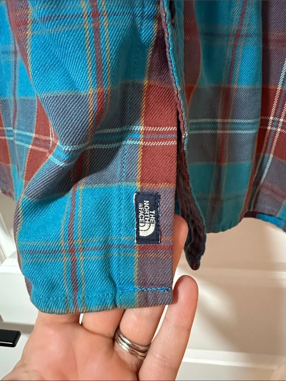 The North Face Men's Teal and Maroon Plaid Button-Down Shirt